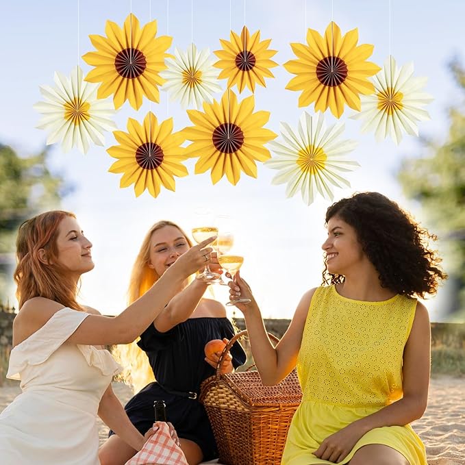 Easy Joy 9PCS Sunflower Party Decorations Sunflower Paper Fans Yellow Birthday - Image 7