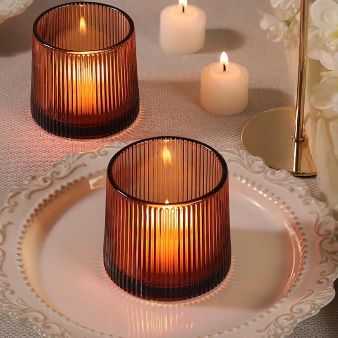 Amber Ribbed Tealight Votive Candle Holders- 6Pack Glass Candle Holders - Image 5