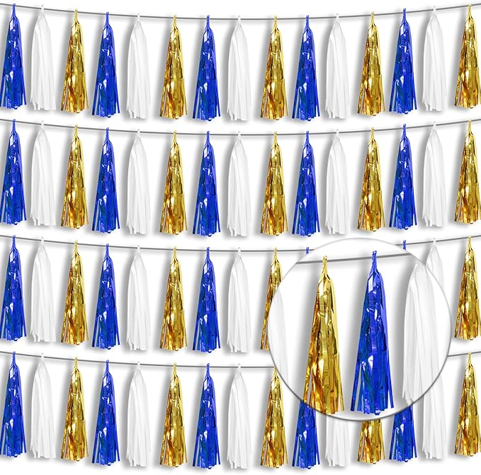 4 Pack Navy-Blue White and Gold Foil Fringe Tassel Banner Garland Metallic by Xuuf