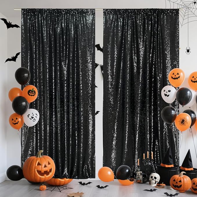 SquarePie Sequin Backdrop Curtain 8FT x 10FT Black Satin Backing Fabric - Image 2