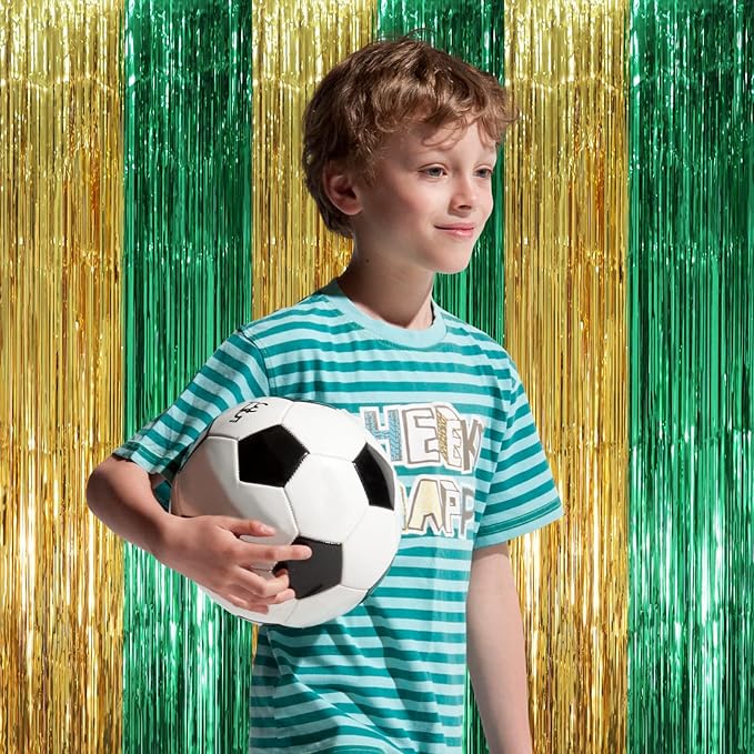 2 Pack Green and Gold Foil Fringe Backdrop Curtains, Tinsel Streamers Party - Image 6