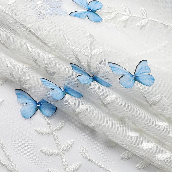 VISIONTEX White Sheer Voile Curtains, Decorative White Embossed Butterflies Rod - Image 4