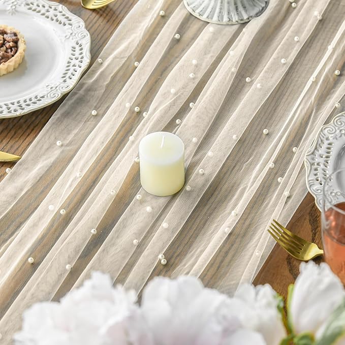 Artoid Mode Pearl Beige Gauze Table Runner 59x120 Inch, Seasonal Sheer Kitchen - Image 6