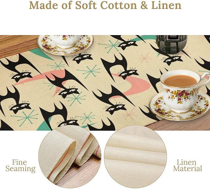 Mid Century Table Runner, Cat Geometric Stripe Colorful Abstract Pattern Print - Image 4
