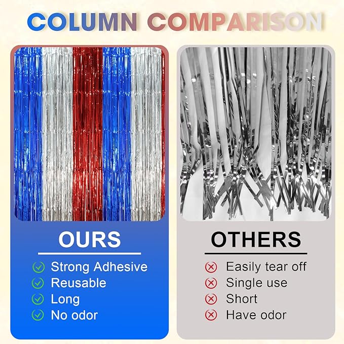 2 Pack Blue Red Silver Foil Fringe Backdrop Curtains, Tinsel Streamers Party - Image 3