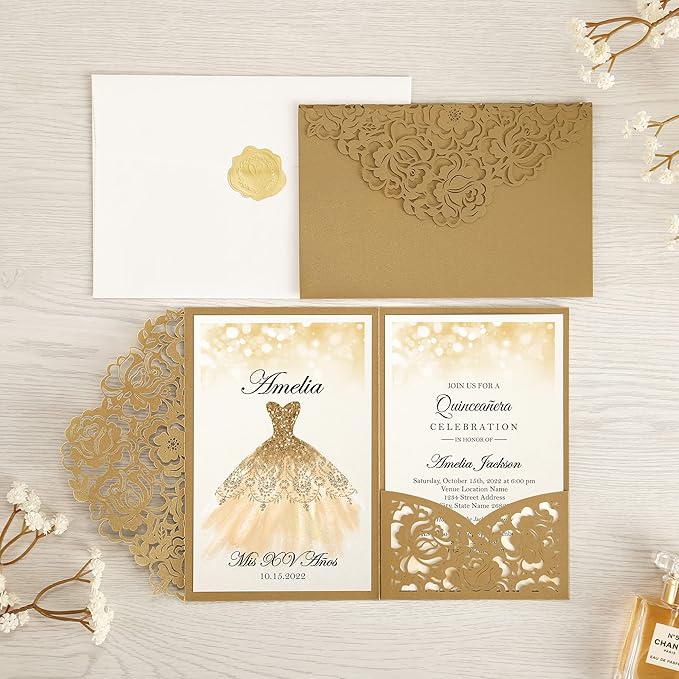 DORIS HOME 50pcs Laser Cut Quinceanera Invitations Gold, 4.7x7.1 Personalized - Image 2