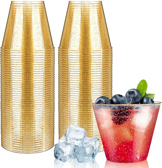 9oz Plastic Cups with Gold Glitter Sturdy & Food Safe Disposable Wine Glasses by ByvivaceDisposables