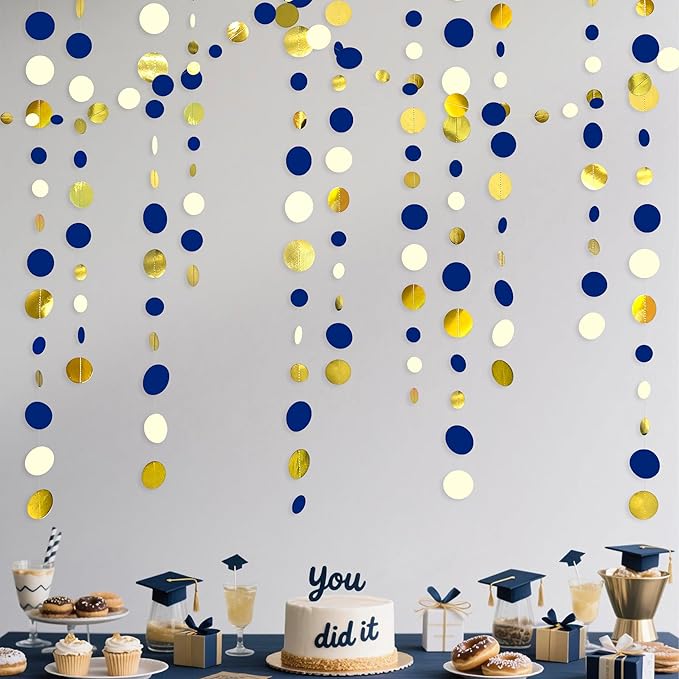 46 Ft Navy Blue and Gold Circle Dots Garland Royal Blue Hanging Paper Polka Dot - Image 5