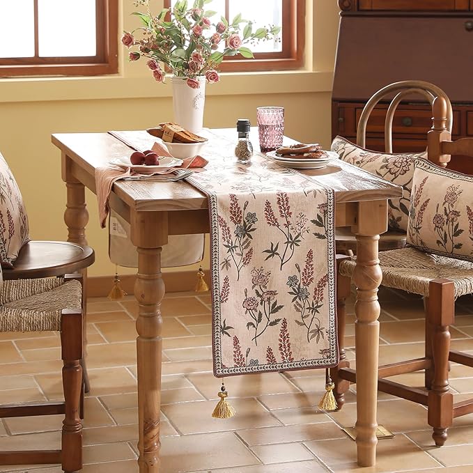 ISAENNE Designer Light Beige Linen Table Runner 87 Inches Long, Vintage Floral - Image 7