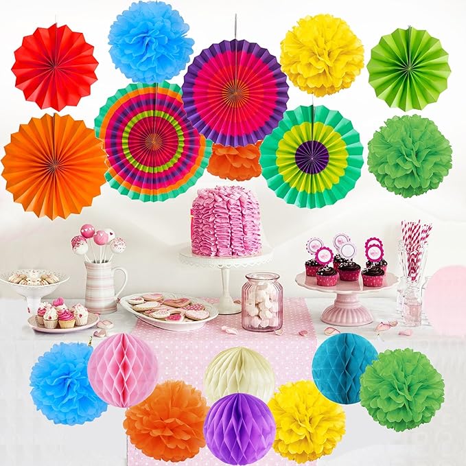 Hanging Paper Fans Tissue Paper Pom Poms Flower and Honeycomb Balls - Image 4
