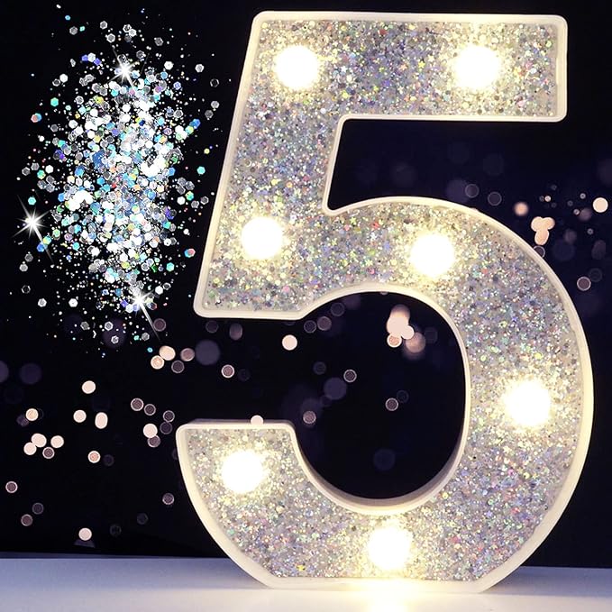 Pooqla Silver Decorative Signage, Lighted Number 5, Battery Powered LED Night by Pooqla