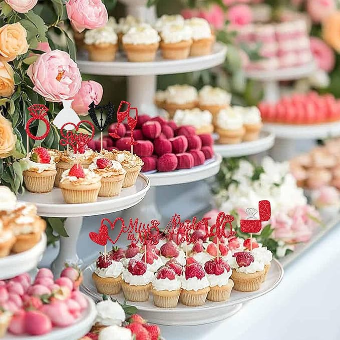 30 PCS Bride to Be Cupcake Toppers Glitter Miss to Mrs I Do Love Heart Ring - Image 5