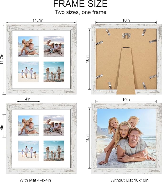 10x10 Picture Frame Set of 2, Real Glass and Distressed White Collage Frame - Image 2