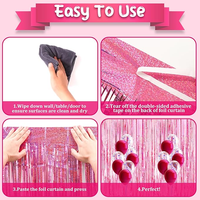 2 Pack 3.3x8.2 Feet Laser Pink Foil Fringe Backdrop Curtains, Tinsel Streamers - Image 4