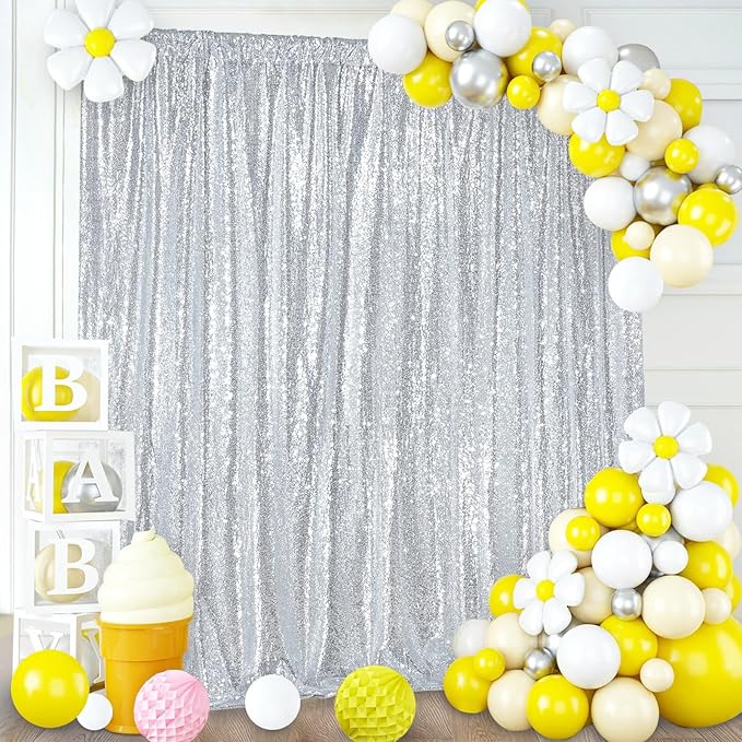8ft x 8ft Silver Sequin Backdrop Curtain Glitter Photo Booth Backdrop - Image 4