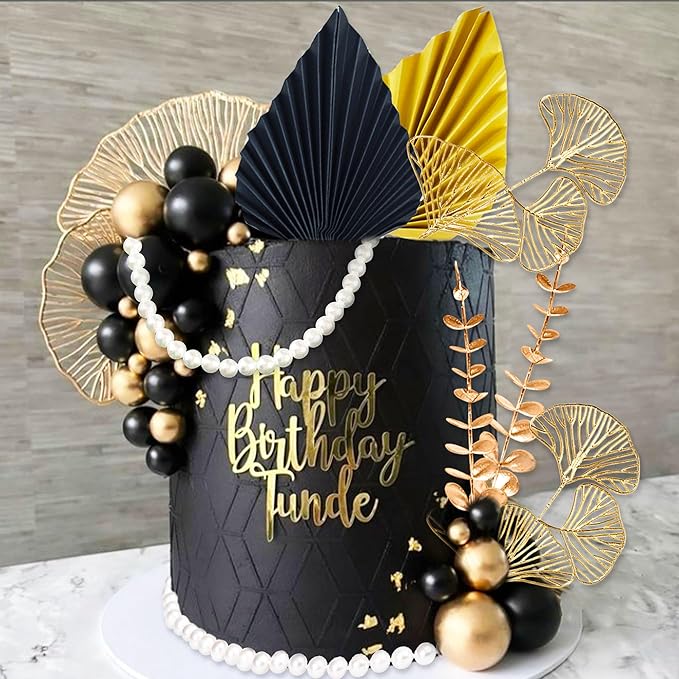 Boho Cake Topper Black Gold Balls Cake Topper Gold Leaves Cake Decoration Prom - Image 8