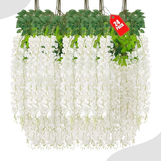 24 Pack White Wisteria Hanging Flowers, 3.4 Ft Fake Hanging Flowers, Artificial by ZEBMOON