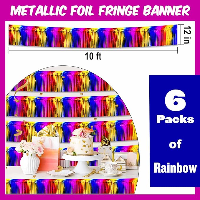 6 Pack 10 Ft Rainbow Foil Fringe Garland Metallic Streamers Tinsel Banner Wall - Image 2