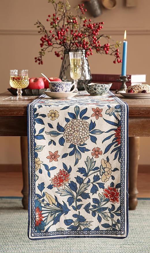 patdrea Designer Blue Cottage Rustic Floral Patterned Linen Table Runner 102 - Image 9