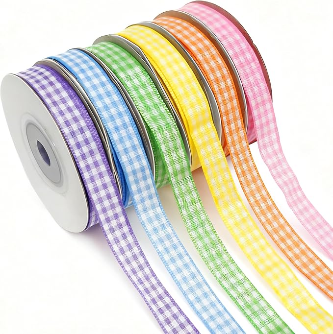 3/8" 6 Colors X 10 Yards Light Rainbow Check Satin Ribbon, 60 Yards Assorted by Unknown