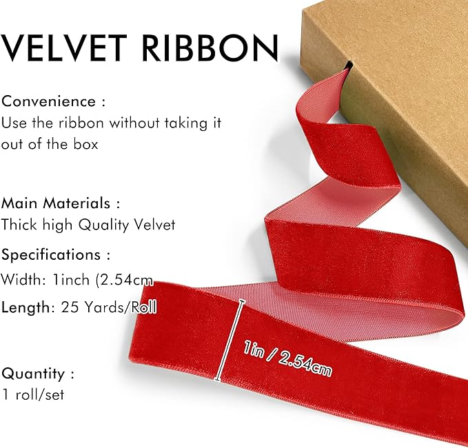 Red Velvet Ribbon 1'' 25 Yards for Christmas Tree, Gift Wrapping, Flower Bouquet - Image 2