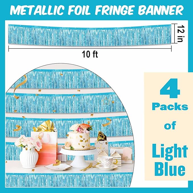 4 Pack 10 Ft Light Blue Foil Fringe Garland Metallic Streamers Tinsel Banner - Image 2