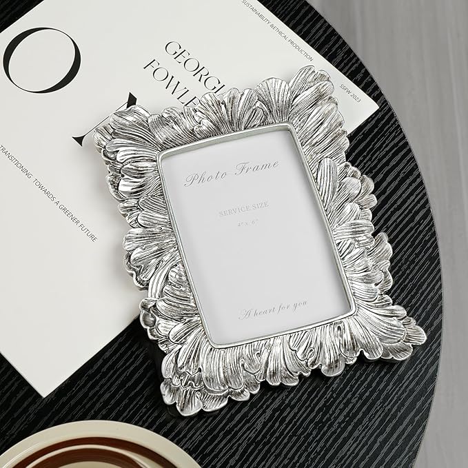 4x6 Silver Picture Frame, Vintage Silver Palm Leaves Textured Hand-Crafted - Image 3