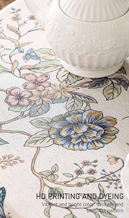 ISAENNE Designer French Light Beige Round Tablecloth, Linen Florals and Birds - Image 8