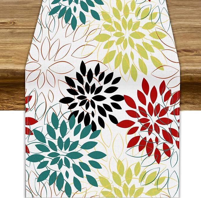 Abstract Red Dahlia Vintage Table Runner, Geometric Lines Mid Century Vintage by ShiTingYu