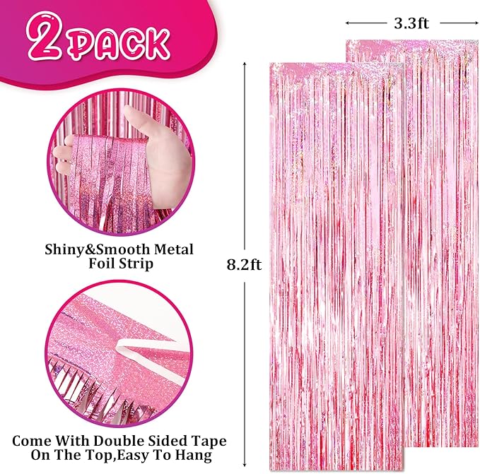2 Pack 3.3x8.2 Feet Laser Pink Foil Fringe Backdrop Curtains, Tinsel Streamers - Image 3