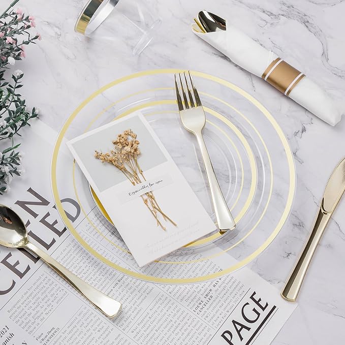 BESTVIP 175PCS Clear Gold Plastic Dinnerware Set, Disposable Party Plates - Image 5