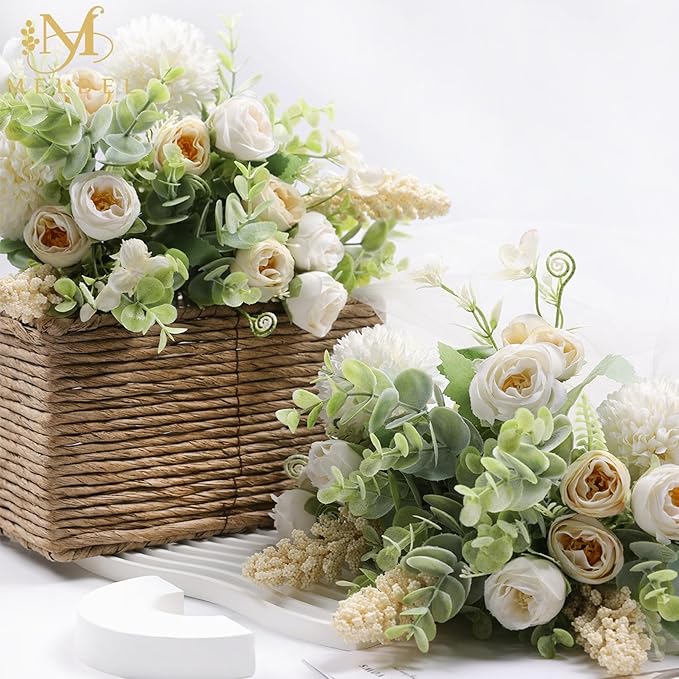 Meldel 3Pcs Rose Bouquet White&Champagne Artificial Flowers Eucalyptus Plants - Image 2