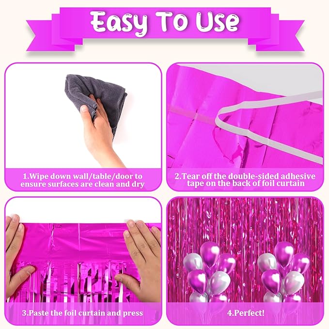 4 Pack Pink Foil Fringe Backdrop Curtains, Tinsel Streamers Birthday Party - Image 4