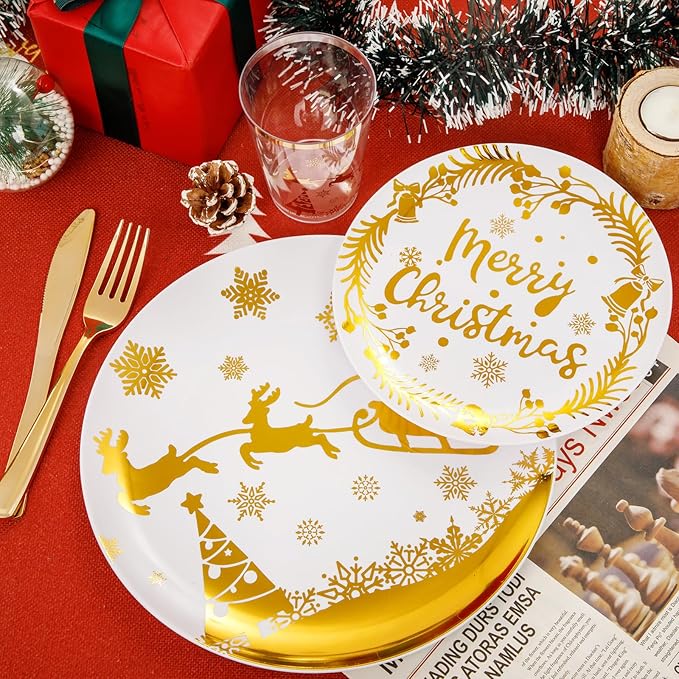 Supernal 150pcs Christmas Plates, Christmas Plastic Dinnerware include Gold - Image 5