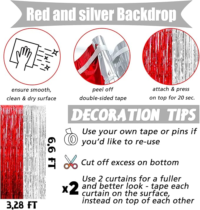 4 Pack 3.2Ft x 6.6Ft Red and Silver Fringe Curtain Backdrop, Metallic Tinsel - Image 2