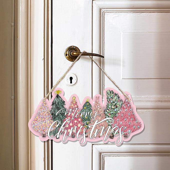 CGBHW Pink and Green Christmas Tree Wooden Sign, Merry Christmas Decoration - Image 2