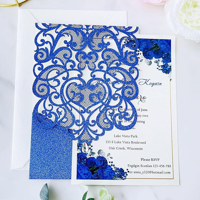 Hosmsua 50pcs Personalized Wedding Invitation Kit 5.12 x 7.3 Inch Royal Blue - Image 2
