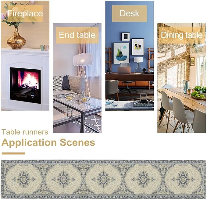 Boho Bohemia Style Table Runner, Vintage Blue Gold Retro Flower Rustic Country - Image 7
