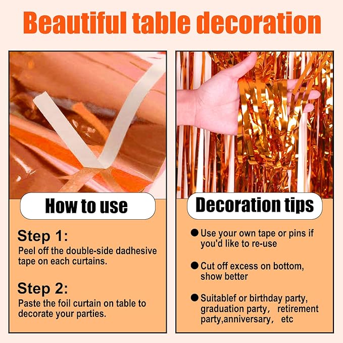 3 Pack 29 x108 Inch Orange Foil Fringe Table Skirts Metallic Banner - Image 3