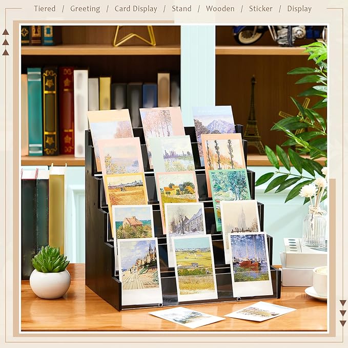 5 Tier Greeting Card Display Stand Black Bamboo and Acrylic Sticker Display - Image 4