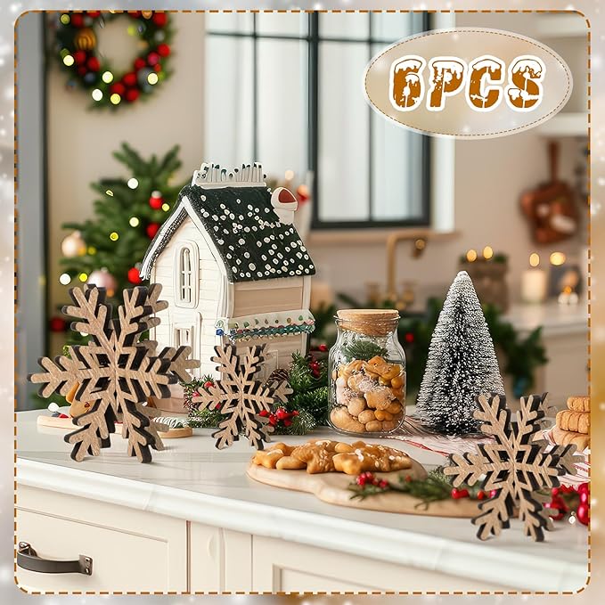 Bucherry 12 Pcs Wooden Snowflake Table Decor 3D Snowflake Tabletop Signs and - Image 3