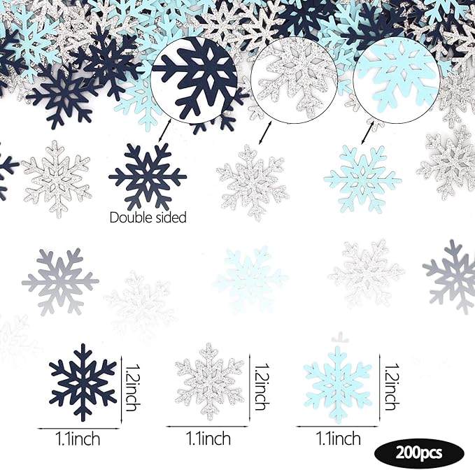 200PC Blue Silver Snowflakes Confetti Winter Wonderland Baby Shower Decorations - Image 2