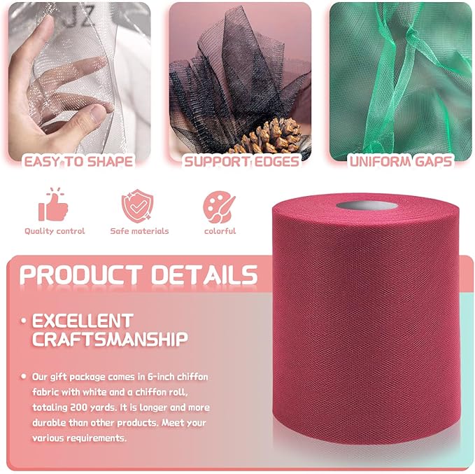 6" x 200 Yards Burgundy Tulle Fabric Rolls, Burgundy Spool Tulle Ribbon - Image 3