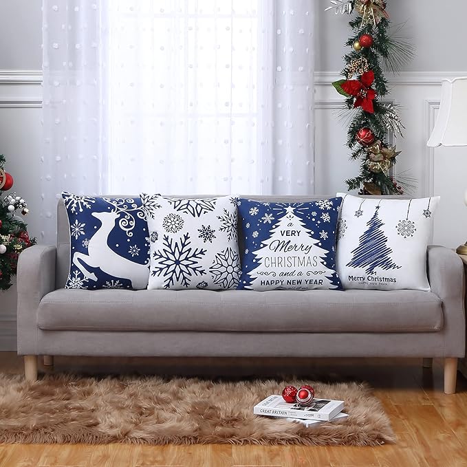Christmas Pillow Covers 20X20 Set of 4 Navy Blue white Christmas Decorations - Image 6