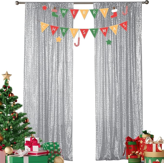 Sugargirl Silver Sequin Backdrop Curtain 2FTx8FT Glitter Background Drapes by Sugargirl