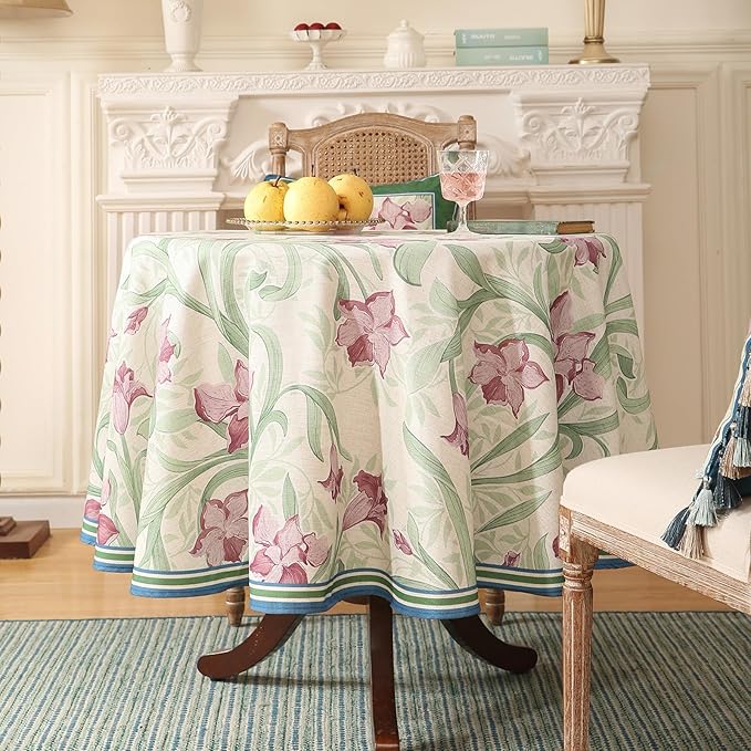 patdrea Designer Linen Small Green Roun Tablecloth, Violets Pattern Vintage - Image 2
