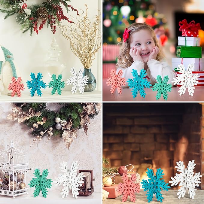 Bucherry 12 Pcs Wooden Snowflake Table Decor 3D Snowflake Tabletop Signs and - Image 6