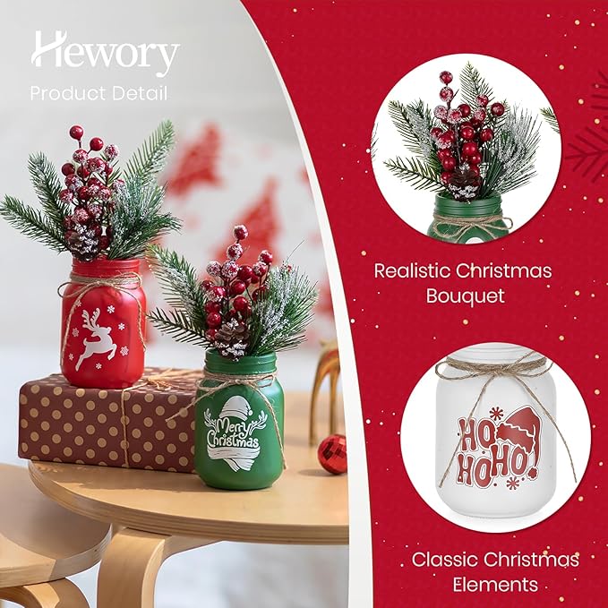 Hewory Christmas Vase for Table Centerpieces: 3 PCS Glass Christmas Mason Jars - Image 7