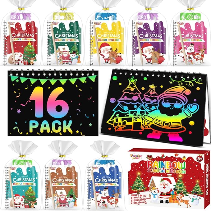 Party Favors for Kids: 16 Pack Christmas Rainbow Scratch Art Notebook Classroom by FEREDOKIDS