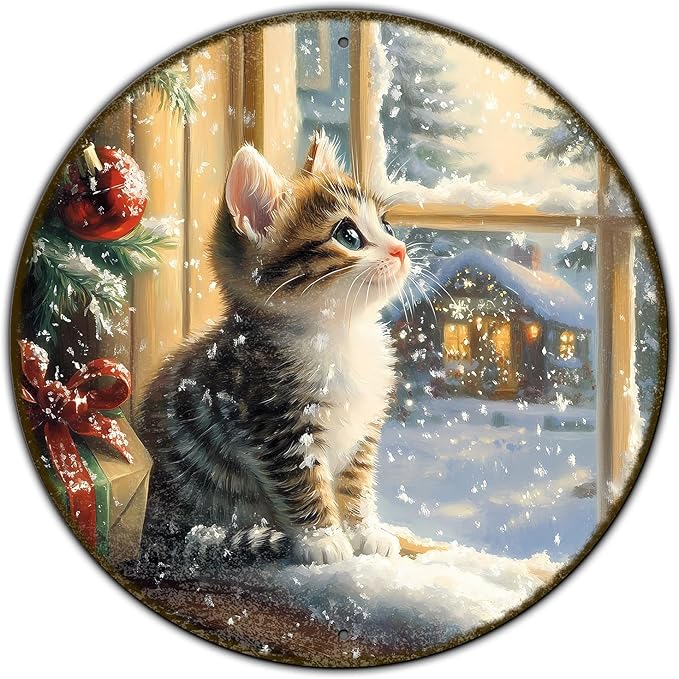 Round Christmas Sign Cats Vintage Metal Sign Christmas Kitten Retro Tin Sign by GJXFTPTTBD